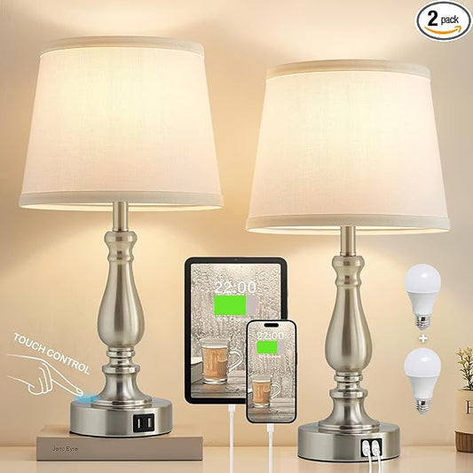 Table Lamps for Bedrooms Set of 2 - Touch Bedside Lamps with Dual USB Ports, 3 Way Dimmable White Nightstand Lamps for End Tables, Farmhouse Night Stand Lamps for Living Room Bed Side Guest Room - LeafyLoom