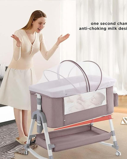 4 in 1 Baby Bassinet, Rocking Bassinets Bedside Sleeper with Comfy Mattress and Wheels, Height Adjustable Easy Folding Portable Bedside Crib for Newborn Infant,Khaki - LeafyLoom
