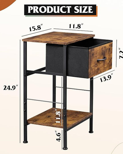 WLIVE Nightstand, Bedside Side Table for Bedroom, Dorm with Steel Frame, Night Stand End Table with Fabric Storage Drawer, Easy Assembly, Rustic Brown Wood Grain Print, 11.8''D 15.8''W 24.9" H - LeafyLoom