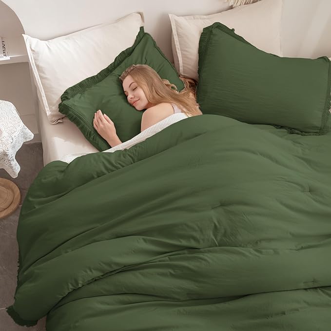 Andency Olive Green Comforter Set Queen, 3 Pieces Boho Tassel Lightweight Bedding Comforter Sets, All Season Soft Fluffy Fringe Bed Set (90x90In Comforter & 2 Pillowcases) - LeafyLoom