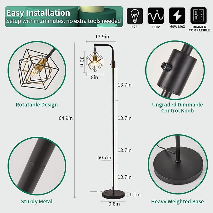 Dimmable Farmhouse Floor Lamp for Living Room, 1 Light Rustic Standing Tall Lamp, Modern Bright Floor Lamp, Industrial Standing Lamp for Bedroom, Tall Pole Lamps Office, LED Bulbs Included. - LeafyLoom