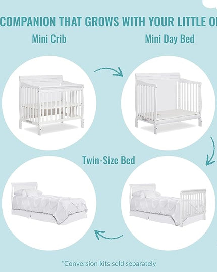Aden 4-in-1 Convertible Mini Crib In White, Greenguard Gold Certified, Non-Toxic Finish, New Zealand Pinewood, With 3 Mattress Height Settings - LeafyLoom