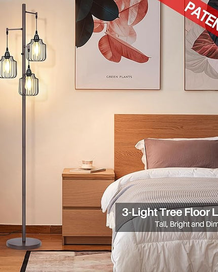 Dimmable Industrial Floor Lamp with 3 LED Edsion Bulbs, Farmhouse Tall Standing Lamp for Living Room, Rustic Brown Tree Floor Lamp, Bright Vintage Pole Light with Cage Shades for Bedroom Home Decor - LeafyLoom