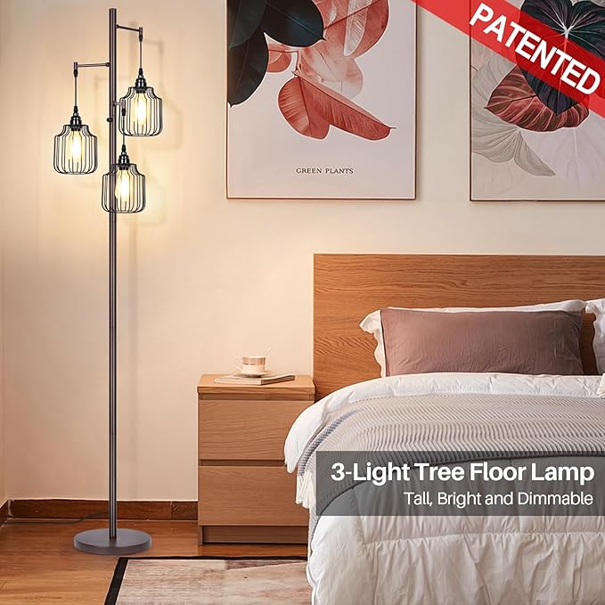 Dimmable Industrial Floor Lamp with 3 LED Edsion Bulbs, Farmhouse Tall Standing Lamp for Living Room, Rustic Brown Tree Floor Lamp, Bright Vintage Pole Light with Cage Shades for Bedroom Home Decor - LeafyLoom