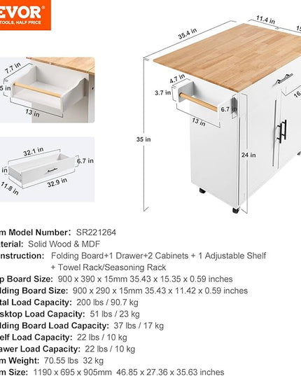VEVOR Kitchen Island Cart with Solid Wood Top, 35.4" Width Mobile Carts with Storage Cabinet, Rolling Kitchen Table with Spice Rack, Towel Rack, Drop Leaf and Drawer, Portable Islands on Wheels, White - LeafyLoom