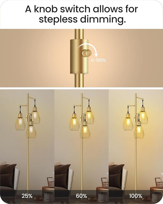 Farmhouse Dimmable Floor Lamp, Industrial Tall Standing Tree Lamp with 3 Elegant Teardrop Cage Heads, 4W 3 LED Bulbs Included, Rustic Standing Lamp for Living Room, Bedroom, Gold D02LD05 - LeafyLoom