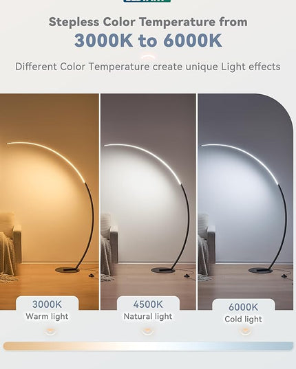 LEDIARY Arc Floor Lamp 65" Modern Standing Lamp with Remote, Black LED Arch Lamps for Living Room Bedroom Office, 3 Color Temperature & Stepless Dimmable Arched Reading Lamp - LeafyLoom