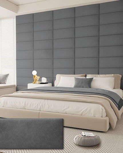 Queen Headboard, Wall Mounted Peel and Stick Headboard, Upholstered Leather Bed Headboard for Queen Size Bed, Floating Dorm Bedroom Tall Headboard Soundproof Wall Panels (9 Panels, 10"x24") - LeafyLoom