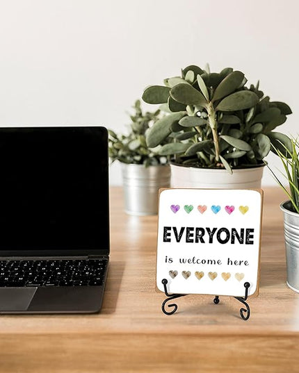 Everyone is Welcome Classroom Decor, Inspirational Quotes Desk Decor Gifts, Multicultural Wood Plaque With Stand For School Counselor Therapy Office Supplies -A28 - LeafyLoom
