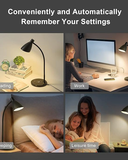 Desk Lamp with Wireless Charger, 12W 1000LM Touch Dimmable Reading Lamp with USB Charging Port, 5 Colors 6 Brightness Eye Care Bedside Table Lamp Gooseneck Desk Light for Home Office - LeafyLoom