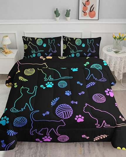 Black Cat Bedding Cartoon Cat Comforter Set Twin,Neon Cat Paw Ball of Yarn Printed Kids Bedding for Cat Lover Boys Girls Adults Room Decor,Kids Comforter,1 Quilt 2 Pillow Cases,Neon Color Purple Blue - LeafyLoom