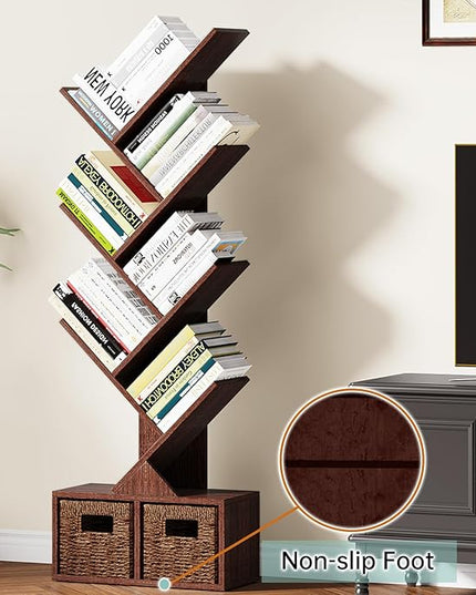 Vagusicc 6 Tier Tree Bookshelf - Retro Shelf Floor Standing Bookcase with Baskets, Tall Wood Book Storage Rack for Books/CDs, Tree Utility Book Organizer Shelves for Living Room, Home Office, Bedroom - LeafyLoom