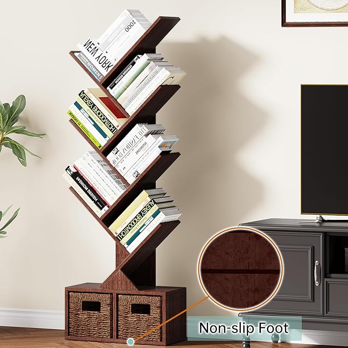 Vagusicc 6 Tier Tree Bookshelf - Retro Shelf Floor Standing Bookcase with Baskets, Tall Wood Book Storage Rack for Books/CDs, Tree Utility Book Organizer Shelves for Living Room, Home Office, Bedroom - LeafyLoom