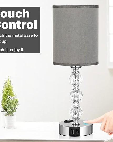 Grey Touch Bedside Lamps for Bedrooms - Crystal Table Lamp with USB C+A Charging Port and AC Outlet Nightstand, 3 Way Dimmable Silver Small End Side Table Lamp for Living/Guest/Dinning Room/Kitchen - LeafyLoom