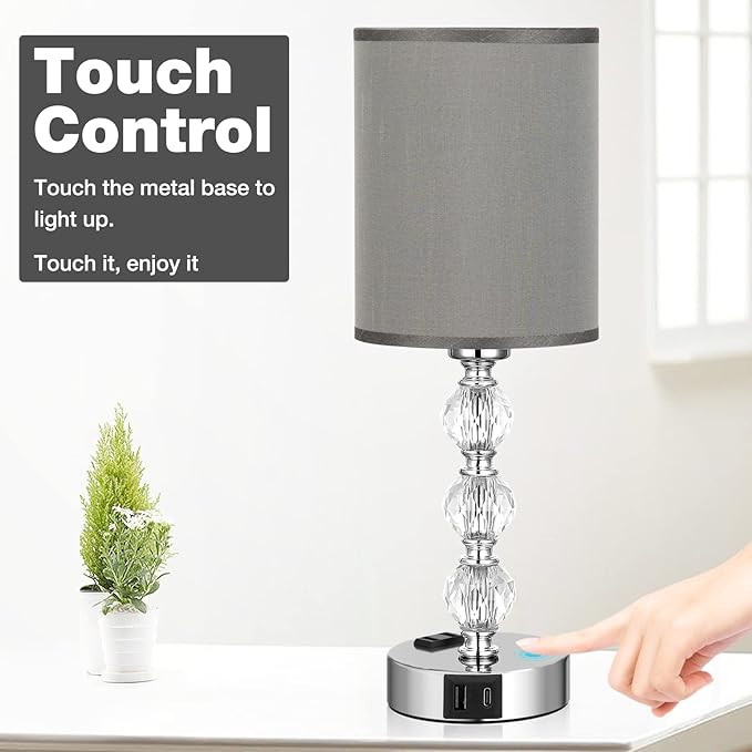 Grey Touch Bedside Lamps for Bedrooms - Crystal Table Lamp with USB C+A Charging Port and AC Outlet Nightstand, 3 Way Dimmable Silver Small End Side Table Lamp for Living/Guest/Dinning Room/Kitchen - LeafyLoom