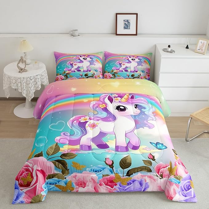 Cartoon Unicorn Kids Comforter Set Queen Size,Roses Flowers Butterfly Princess Bedding Set,Girls Women Room Decor,Rainbow Unicorn Cute Down Comforter,Pink Blue Romantic Duvet Insert,2 Pillowcases - LeafyLoom