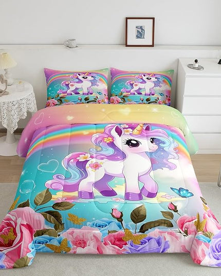 Cartoon Unicorn Kids Comforter Set Twin Size,Roses Flowers Butterfly Princess Bedding Set,Girls Women Room Decor,Rainbow Unicorn Cute Down Comforter,Pink Blue Romantic Duvet Insert,1 Pillowcase - LeafyLoom