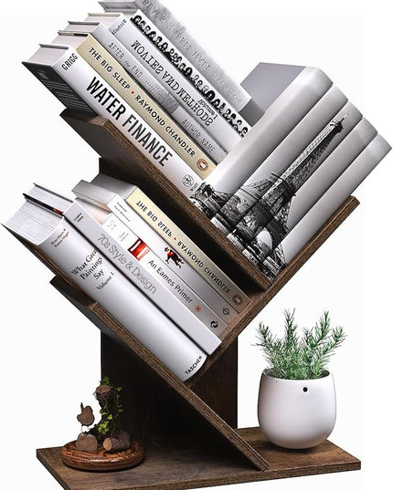 3 Tier Small Tree Bookshelf Desk Book Organizer Narrow Bookcases for Books Magazines CDs Free Standing Retro Wooden Storage Shelves for Home Office Bedroom Living Room Rustic Brown - LeafyLoom