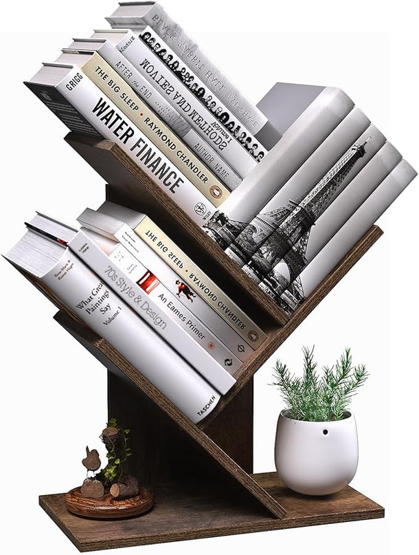 3 Tier Small Tree Bookshelf Desk Book Organizer Narrow Bookcases for Books Magazines CDs Free Standing Retro Wooden Storage Shelves for Home Office Bedroom Living Room Rustic Brown - LeafyLoom