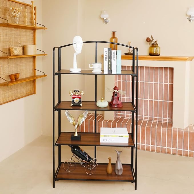 No Assembly Folding Bookshelf, 4 Tier Black Bookshelf, Metal Book Shelf for Storage, Folding Bookcase for Office Organization and Storage, 12.87" D x 30.9" W x 55.71" H - LeafyLoom