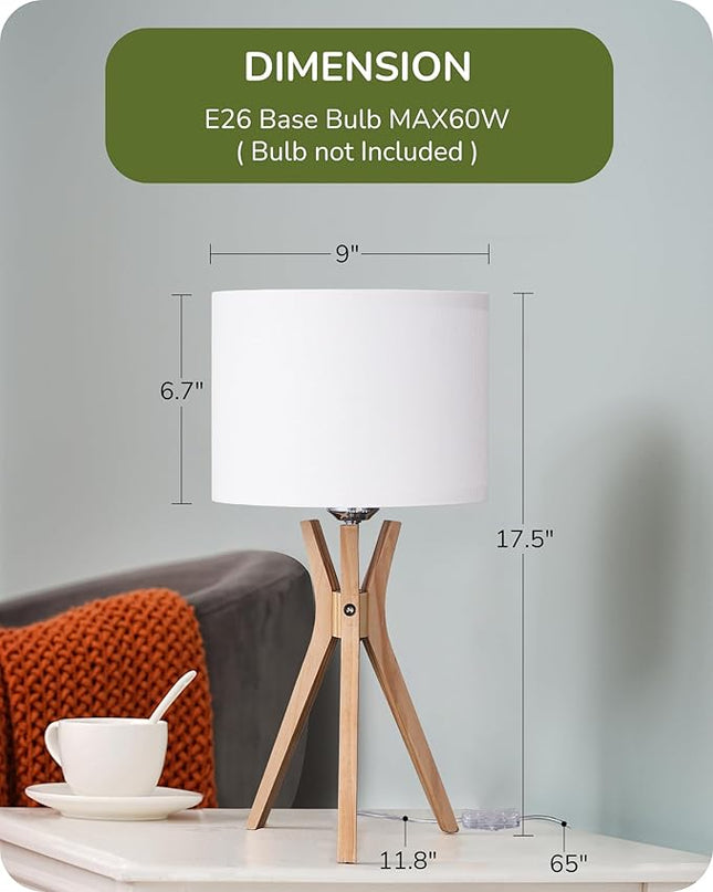EDISHINE Modern Tripod Table Lamp, 17.5" Bedside Lamp with Natural Wood Light Legs & White Linen Lampshade, Nightstand Lamp for Bedroom, Living Room, Reading Room, E26 Base - LeafyLoom