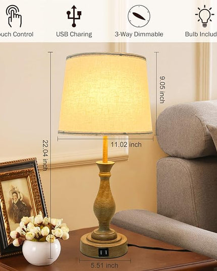 Farmhouse Table Lamp Touch Control 3-Way Dimmable Table Lamp, Modern Nightstand Lamp with 2 USB Port Bedside Desk Lamp with Fabric Shade for Living Room Bedroom Hotel (Pack-01A) - LeafyLoom