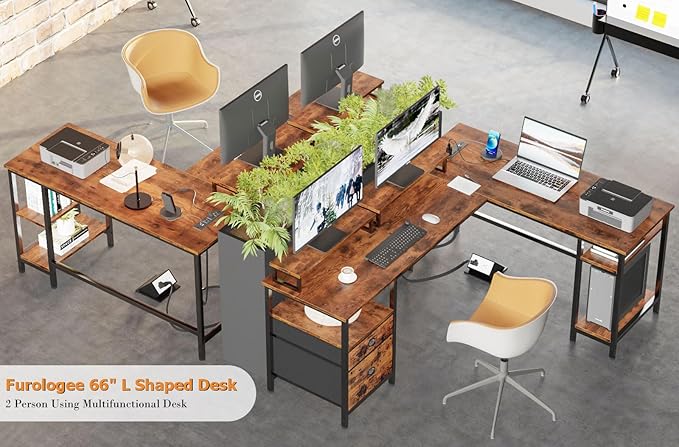 Furologee 66” L Shaped Desk with Power Outlet, Reversible Computer Desk with File Drawer & 2 Monitor Stands, Home Office Desk with Storage Shelves, Corner Desk for Gaming Writing, Rustic Brown - LeafyLoom
