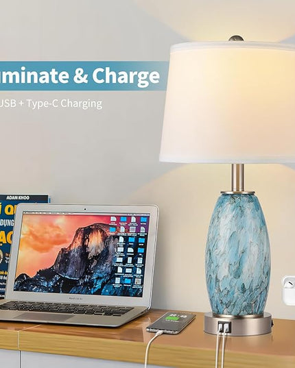 Table Lamps Set of 2, 3-Way Lighting Modes Modern Table Lamps for Bedroom, Coastal Bedside Lamps with USB Port & Type C, Glass Nightstand Lamps, 24" Table Lamps for Living Room Bedroom Decoration - LeafyLoom