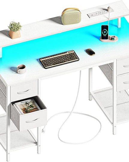 47 inch Computer Desk with 4 Drawers, Gaming Desk with LED Lights & Power Outlets, Home Office Desk with Large Storage Space for Bedroom, Work from Home, White - LeafyLoom