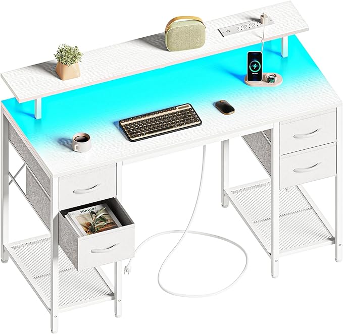 47 inch Computer Desk with 4 Drawers, Gaming Desk with LED Lights & Power Outlets, Home Office Desk with Large Storage Space for Bedroom, Work from Home, White - LeafyLoom