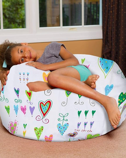 Posh Creations Bean Bag Chair for Kids, Teens, and Adults Includes Removable and Machine Washable Cover, Canvas Multi-Colored Hearts on White, 38in - Large - LeafyLoom