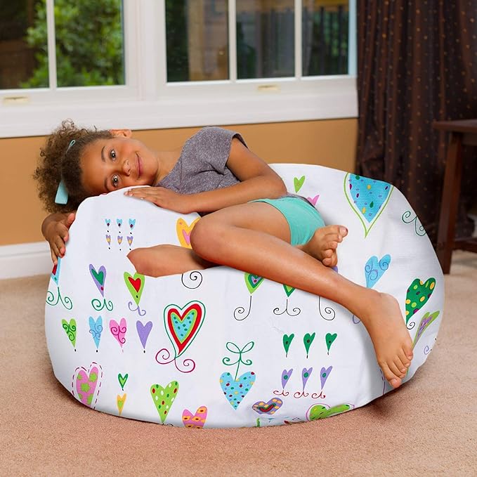 Posh Creations Bean Bag Chair for Kids, Teens, and Adults Includes Removable and Machine Washable Cover, Canvas Multi-Colored Hearts on White, 38in - Large - LeafyLoom