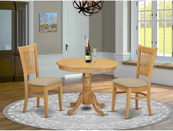 East West Furniture ANVA3-OAK-C 3 Piece Kitchen Table Set for Small Spaces Contains a Round Dining Room Table with Pedestal and 2 Linen Fabric Upholstered Chairs, 36x36 Inch, Oak - LeafyLoom