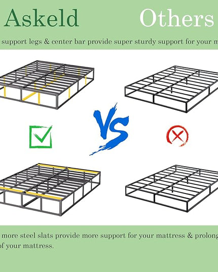 Queen Bed Frame, 9 Inch High Metal Box Spring with More Steel Slats Support, Sturdy Platform Bedframe Low to Floor, 3500 Lbs Weight Capacity Heavy Duty Mattress Base, Easy Assembly, Black - LeafyLoom