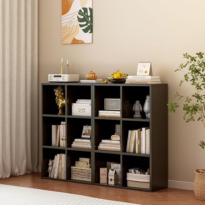 6-Cube Storage Shelf Bookcase - Wooden 3-Tier Floor Standing Open Bookshelf for Home and Office, Display Cabinet, Black - LeafyLoom