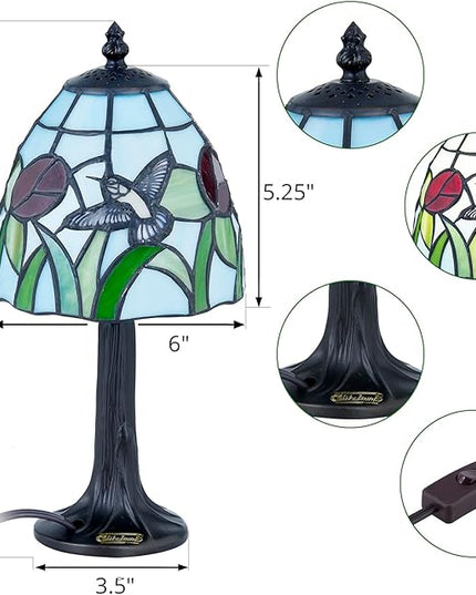 Tiffany Style mini table Lamp-Stained Glass Hummingbird with Tulip Design Table or Desk Light LED Bulb Included-Vintage Look Colorful Accent Decor - LeafyLoom