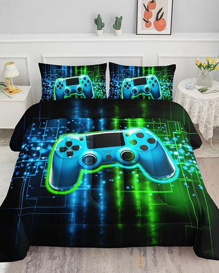 Datura home Video Gamer Comforter Set for Kids Teens Adults,Green Black Gamepad Modern Gamer Gaming Printed Bedding Set with 1 Comforter and 2 Pillowcases(Gamepad Green Full) - LeafyLoom