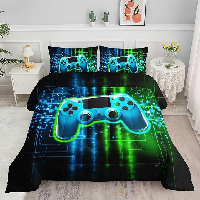 Datura home Video Gamer Comforter Set for Kids Teens Adults,Green Black Gamepad Modern Gamer Gaming Printed Bedding Set with 1 Comforter and 2 Pillowcases(Gamepad Green Full) - LeafyLoom