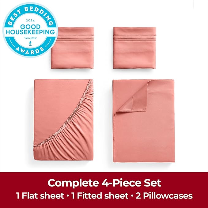 Mellanni Extra Deep Queen Sheets - 4 PC Iconic Collection Bedding Sheets & Pillowcases - Hotel Luxury, Ultra Soft, Cooling Bed Sheets - Extra Deep Pocket up to 21 inch (Queen, Coral) - LeafyLoom