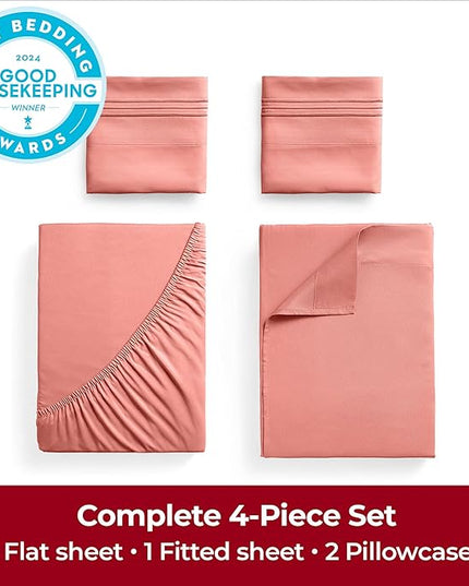 Mellanni California King Sheets Set - 4 PC Iconic Collection Bedding Sheets & Pillowcases - Hotel Luxury, Extra Soft, Cooling Bed Sheets - Deep Pocket up to 16 inch (Cal King, Coral) - LeafyLoom