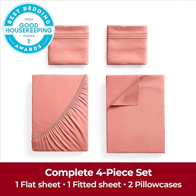 Mellanni California King Sheets Set - 4 PC Iconic Collection Bedding Sheets & Pillowcases - Hotel Luxury, Extra Soft, Cooling Bed Sheets - Deep Pocket up to 16 inch (Cal King, Coral) - LeafyLoom