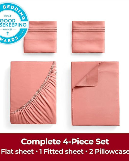 Mellanni Extra Deep California King Sheets - 4 PC Iconic Collection Bedding Sheets & Pillowcases - Hotel Luxury, Ultra Soft, Cooling Bed Sheets - Extra Deep Pocket up to 21 inch (Cal King, Coral) - LeafyLoom