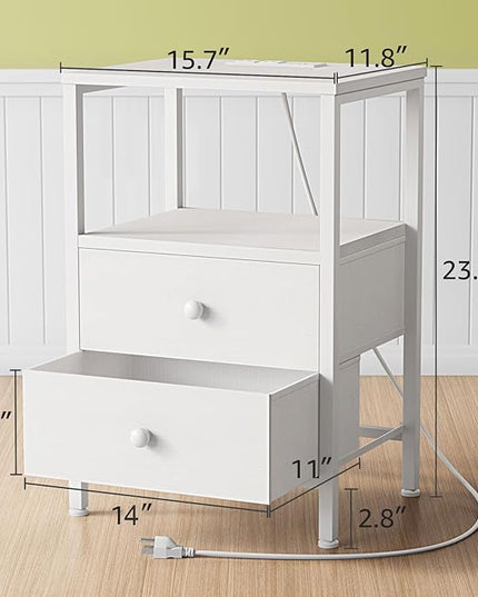 White Night Stand with Charging Station and USB Ports, Small Nightstand with Drawers and Shelf Storage End Table for Bedroom, Dorm, Modern Bedside Table - LeafyLoom