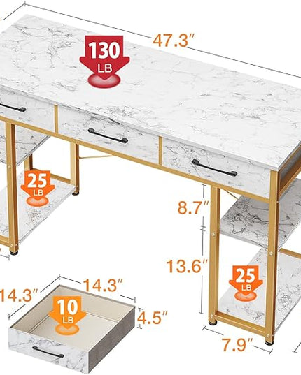 ODK Vanity Desk with Fabric Drawers & Storage Shelves, Makeup Dressing Table, Home Office Desks for Bedroom, Modern Writing Desk,White Marble and Gold Leg, 48"x16" (No Mirror) - LeafyLoom