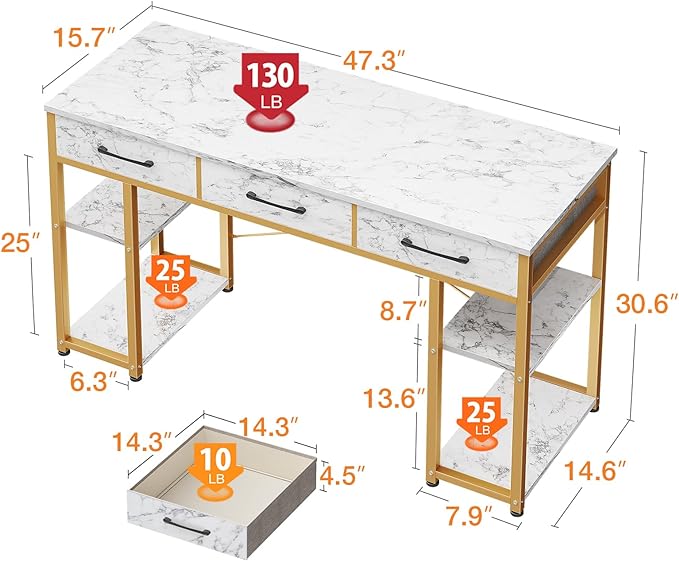 ODK Vanity Desk with Fabric Drawers & Storage Shelves, Makeup Dressing Table, Home Office Desks for Bedroom, Modern Writing Desk,White Marble and Gold Leg, 48"x16" (No Mirror) - LeafyLoom