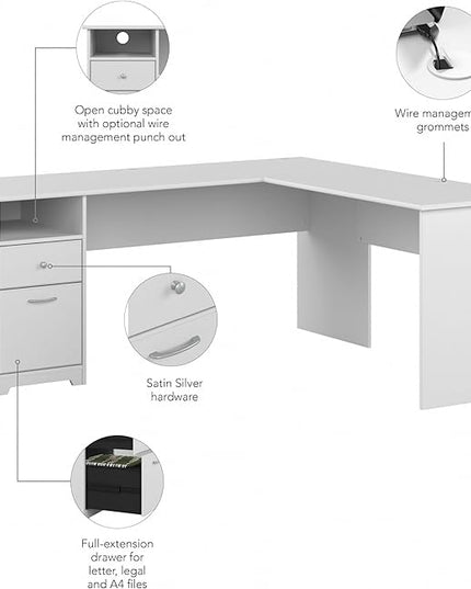 Bush Furniture L Shaped Desk with Drawers for Executive and Home Office | Cabot Collection Corner Table with Storage and Chrome Hardware Return, 72W, White - LeafyLoom