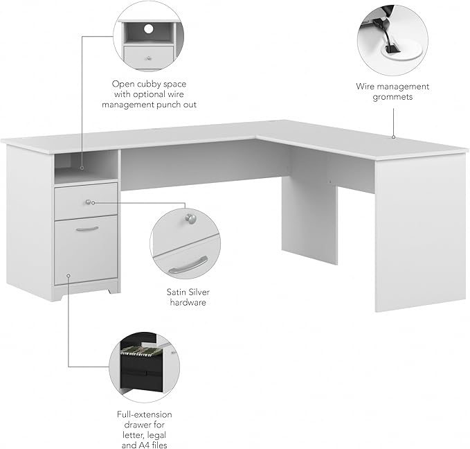 Bush Furniture L Shaped Desk with Drawers for Executive and Home Office | Cabot Collection Corner Table with Storage and Chrome Hardware Return, 72W, White - LeafyLoom