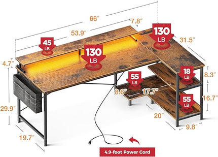 ODK 66 Inch Gaming Desk with USB Charging Ports and LED Lights, Reversible L Shaped Computer Desk with Storage Shelves & Monitor Stand, Home Office Desk Table with Power Outlets, Vintage - LeafyLoom