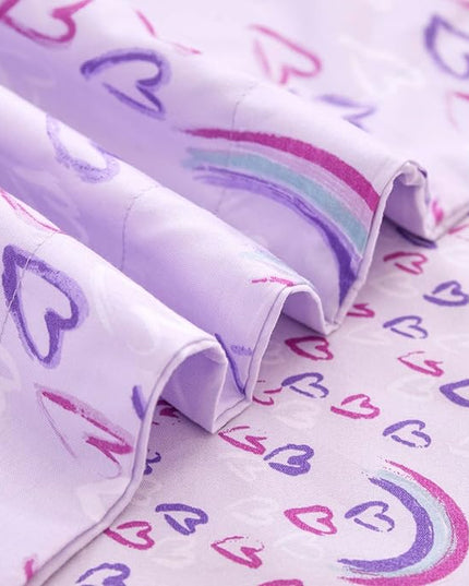 Mooreeke Queen Size Comforter Sets for Girls Kids, 8 Pieces Bed in a Bag Purple Love Heart Rainbow Bedding Comforter Sheet Set with Shams and Decorative Toy Pillow, Ultral Soft Microfiber Kids Bed Set - LeafyLoom