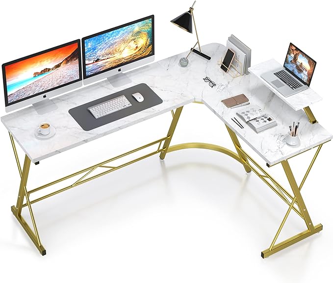 Mr IRONSTONE 63" L Shaped Gaming Desk, Corner Computer Desk, Home Office Writing Desk with Sturdy Monitor Shelf, Spacious L Shaped Desk Workstation, Easy to Assemble, Laminate Marble - LeafyLoom